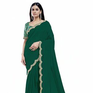 Luxurious Green Embroidered Pure Crepe Silk Saree